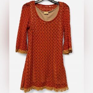 Burnt Orange Crochet Lace Mini Dress Boho Festival Size M
